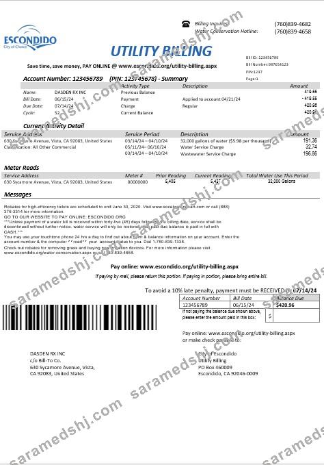 USA California Escondido City of Choice business utility bill template in Word and PDF formats